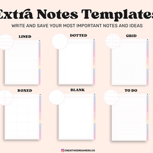 May include: Six different note paper templates with different styles: lined, dotted, grid, boxed, blank, and to do. Each template has a small circle preview of the paper style.