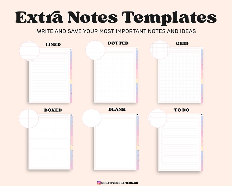 May include: Six different note paper templates with different styles: lined, dotted, grid, boxed, blank, and to do. Each template has a small circle preview of the paper style.