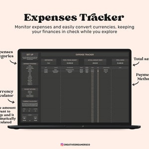 May include: A digital expense tracker spreadsheet displayed on a laptop screen. The interface includes sections for expenses categories, total saved, payment methods, and a currency calculator. Text labels include Expenses Tracker, Set Up, Destination, Total Travel Budget, Actual Amount Spent, and Total Saved.