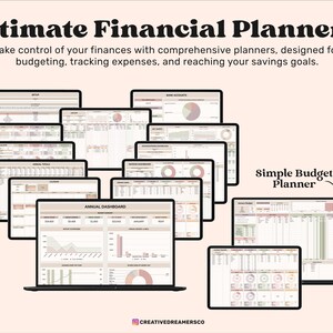 Op de afbeelding: Een verzameling van printbare financi&euml;le planners in een digitaal formaat. De planners zijn ontworpen om gebruikers te helpen hun financi&euml;n te beheren, uitgaven bij te houden en hun spaardoelen te bereiken. De planners omvatten een eenvoudige budgetplanner, een bankrekeningtracker en een jaarlijks dashboard.