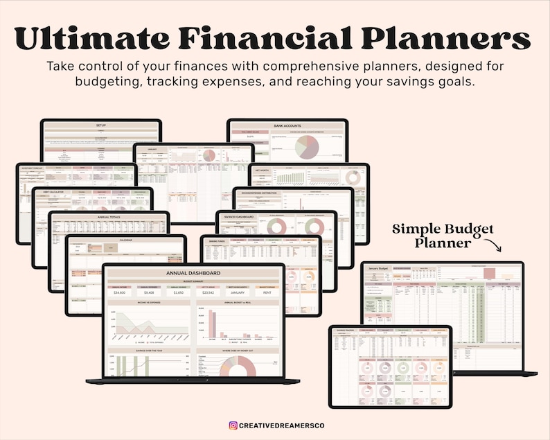 Op de afbeelding: Een verzameling van printbare financi&euml;le planners in een digitaal formaat. De planners zijn ontworpen om gebruikers te helpen hun financi&euml;n te beheren, uitgaven bij te houden en hun spaardoelen te bereiken. De planners omvatten een eenvoudige budgetplanner, een bankrekeningtracker en een jaarlijks dashboard.