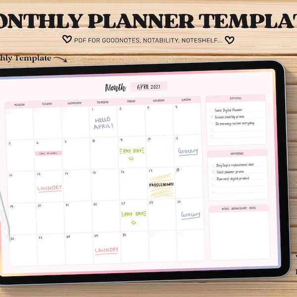 Modello mensile Planner Goodnotes, Planner mensile non datato, Planner digitale mensile, Pagina Planner mensile, Goodnotes, Notability, Noteshelf