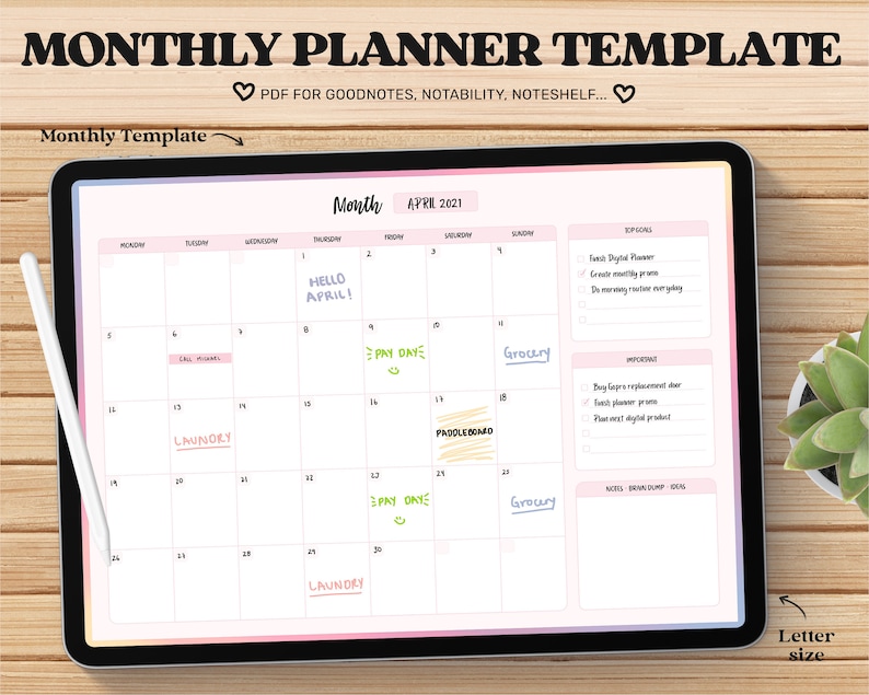 Puede incluir: Una plantilla de planificador mensual digital para abril de 2021 en la pantalla de una tableta. El planificador tiene un fondo degradado rosa y azul con una cuadr&iacute;cula de calendario y secciones para listas de tareas y objetivos. La cuadr&iacute;cula del calendario tiene notas escritas a mano para cada d&iacute;a, como "D&iacute;a de pago" y "Lavander&iacute;a".