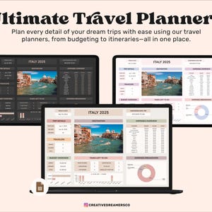 Op de afbeelding: Drie laptopschermen die een reisplanner-sjabloon weergeven met een foto van een kanaal in Veneti&euml;, Itali&euml;. De sjabloon bevat secties voor reisdetails, budget overzicht, taken die nog moeten worden gedaan en een uitsplitsing van de uitgaven. De tekst "ITALI&Euml; 2025" wordt op elk scherm weergegeven.