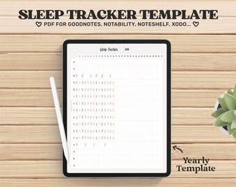 May include: A digital tablet displaying a yearly sleep tracker template on a wooden surface. The template is a grid with numbers 1-31 representing days of the month and rows for each hour of the day. The template is designed for use with note-taking apps like Goodnotes, Notability, Noteshelf, and Xodo.