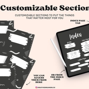 May include: Digital planner with the text "5 Customizable Sections". The image shows a tablet with an index page and several customizable sections. The planner includes yearly, notes, and extra pages. There are also several pages with white rectangles.