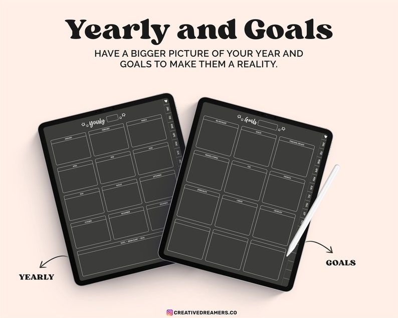 May include: Two black tablets with a yearly and goals planner layout. The text "Yearly and Goals" is at the top, with the text "Have a bigger picture of your year and goals to make them a reality." The word "Yearly" and "Goals" are also visible.