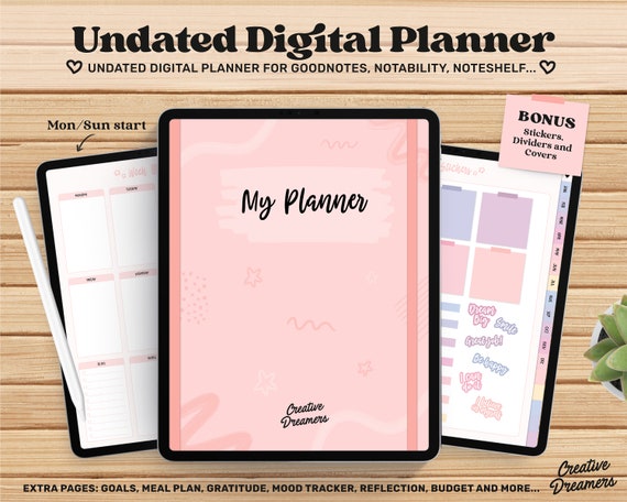 Undated Digital Planner Goodnotes, iPad Planner, Notability Planner, Noteshelf Planner, Goodnotes Planner, Cute Digital Journal Template pdf