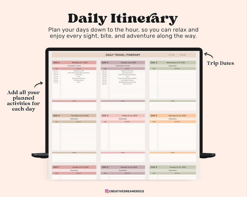 May include: A digital daily travel itinerary planner displayed on a screen, featuring a grid layout for nine days with sections for dates, destinations, time slots, activities, and notes. The template uses soft pastel colours for headers.