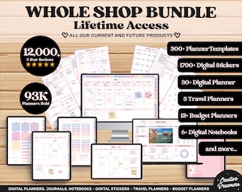 Digitale planner iPad en Android, hele winkelbundel, Goodnotes-plannerstickers, digitaal dagboek, budgetspreadsheet, reisplanner reisplan