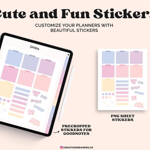May include: A digital planner sticker sheet with pre-cropped stickers for Goodnotes. The sheet features pastel colored stickers with various shapes and text, including "Guess my job", "Smile", "Great job", "Be happy", "I love this", and "I believe in myself".