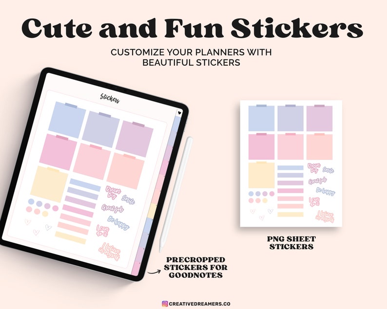 May include: A digital planner sticker sheet with pre-cropped stickers for Goodnotes. The sheet features pastel colored stickers with various shapes and text, including "Guess my job", "Smile", "Great job", "Be happy", "I love this", and "I believe in myself".