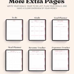 以下が含まれることがあります： To Do、Goals、Goal Planner、Meal Planner、Revenue Tracker、Expenses Trackerの6つのテンプレートを含むデジタルプランナーページセット。各ページは白の背景にピンクのアクセント、グリッド線、サイドナビゲーションバーが特徴です。