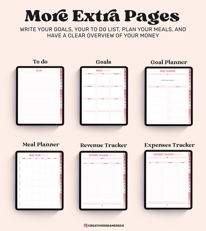 以下が含まれることがあります： To Do、Goals、Goal Planner、Meal Planner、Revenue Tracker、Expenses Trackerの6つのテンプレートを含むデジタルプランナーページセット。各ページは白の背景にピンクのアクセント、グリッド線、サイドナビゲーションバーが特徴です。