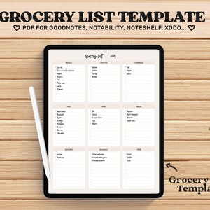 May include: A digital grocery list template displayed on a tablet screen. The template is organised into sections for produce, fruit, meat, dairy, beverages, household, and other. The template is designed for use with note-taking apps such as Goodnotes, Notability, Noteshelf, and Xodo.