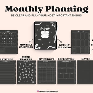 May include: A digital planner with a black background and white text. The planner includes sections for monthly calendars, weekly planning, habit tracking, gratitude, mood tracking, budget, reflection, and notes. The text reads "Monthly Planning".