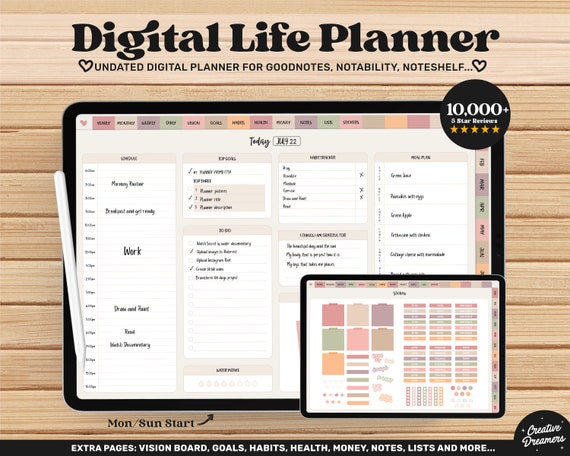Digital Life Planner Goodnotes, Goal Planner, Vision Board, Digital  Stickers, Boho Undated iPad Planner, 2024 2025, Digital Journal Template 