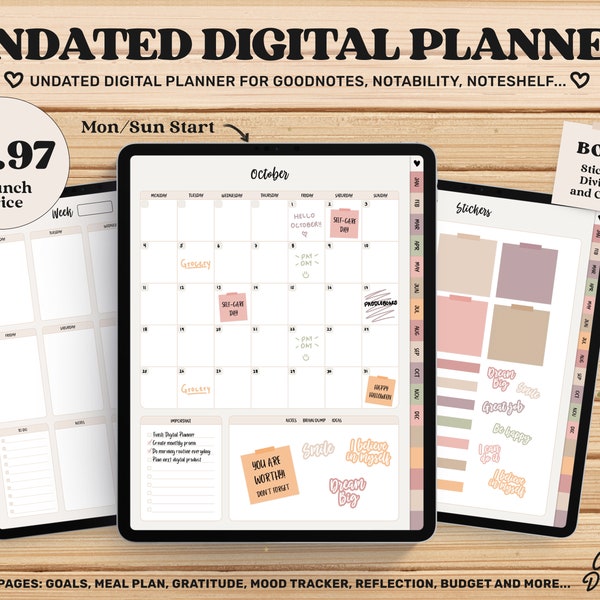 Niedatowany terminarz Goodnotes, miesięczny terminarz cyfrowy, szablon Goodnotes, iPad Planner, cyfrowy dziennik PDF, naklejki Goodnotes Boho, proste