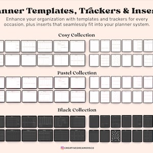 Op de afbeelding: Een digitale afbeelding die drie verschillende collecties planner-sjablonen, trackers en inlays laat zien. De collecties zijn gelabeld met "Cosy Collection", "Pastel Collection" en "Black Collection". Elke collectie bevat een verscheidenheid aan verschillende sjablonen en trackers, waaronder wekelijkse spreads, dagelijkse spreads, gewoontetrackers en meer.