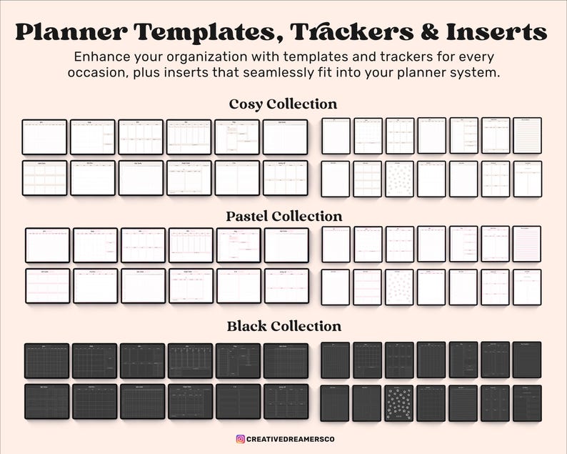 Op de afbeelding: Een digitale afbeelding die drie verschillende collecties planner-sjablonen, trackers en inlays laat zien. De collecties zijn gelabeld met "Cosy Collection", "Pastel Collection" en "Black Collection". Elke collectie bevat een verscheidenheid aan verschillende sjablonen en trackers, waaronder wekelijkse spreads, dagelijkse spreads, gewoontetrackers en meer.