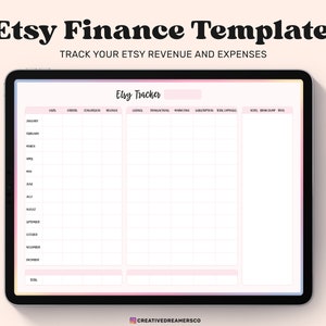 May include: A digital Etsy tracker template on a tablet screen. The template is designed to track Etsy revenue and expenses. The template includes columns for sales, orders, commissions, revenue, listings, transactions, marketing, subscriptions, Etsy expenses, total revenue, total expenses, and total profit. The template is organized by month, starting with January and ending with December.