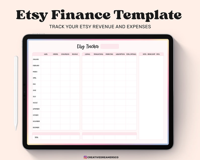 May include: A digital Etsy tracker template on a tablet screen. The template is designed to track Etsy revenue and expenses. The template includes columns for sales, orders, commissions, revenue, listings, transactions, marketing, subscriptions, Etsy expenses, total revenue, total expenses, and total profit. The template is organized by month, starting with January and ending with December.