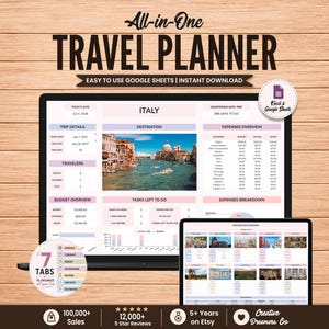 May include: An all-in-one digital travel planner displayed on a laptop and tablet screen. The interface features sections for trip details, destination, expenses, and tasks. It includes a photo of Italy, budget charts, and a 7-tab navigation menu.