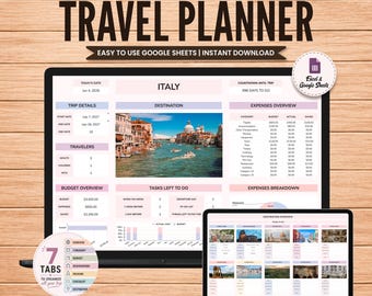 Travel Planner Google Sheets, Travel Itinerary Template, Travel Budget Spreadsheet, Digital Packing List, Road Trip Planner, Holiday Planner