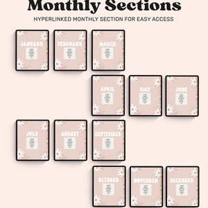 May include: A digital planner layout featuring twelve monthly section pages with a light pink background, white daisy illustrations, and bold white text for each month from January to December. Each page includes a list of sub-sections.