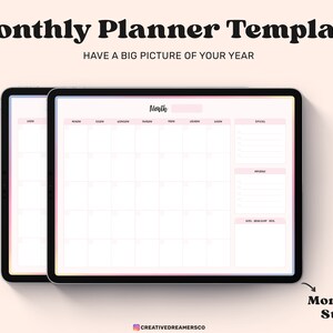 Puede incluir: Una plantilla de planificador mensual digital en la pantalla de una tableta. La plantilla tiene un esquema de color rosa y blanco e incluye secciones para tareas diarias, notas y citas. El texto "Mes" est&aacute; en la parte superior del calendario. El texto "Inicio Lun/Dom" est&aacute; en la parte inferior de la imagen.