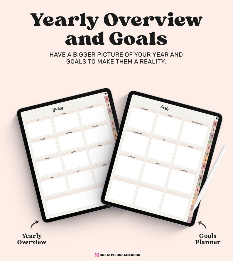 May include: Two digital tablets displaying a yearly overview and goals planner. The screens feature grid layouts with headers like Yearly, Goals, and months. A white stylus rests beside the right tablet. Text includes Yearly Overview and Goals.