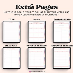 Pu&ograve; includere: Un planner digitale con pagine per liste di cose da fare, obiettivi, pianificazione dei pasti, tracciamento dei ricavi e tracciamento delle spese. Le pagine sono bianche con linee rosa e uno sfondo rosa chiaro.