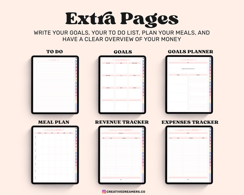 Pu&ograve; includere: Un planner digitale con pagine per liste di cose da fare, obiettivi, pianificazione dei pasti, tracciamento dei ricavi e tracciamento delle spese. Le pagine sono bianche con linee rosa e uno sfondo rosa chiaro.