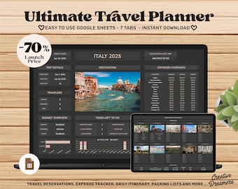 Travel Planner Template Google Sheets, Travel Itinerary, Digital Packing List, Road Trip Planner Spreadsheet Dark, Holiday Travel Checklist