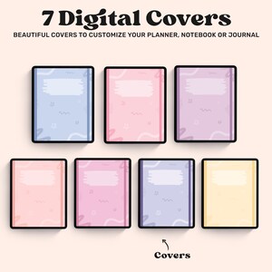 May include: Seven digital planner covers with a pastel color scheme. The covers feature a variety of abstract shapes and patterns, including stars, wavy lines, and brushstrokes. The text "7 Digital Covers" and "Covers" is visible in the image.