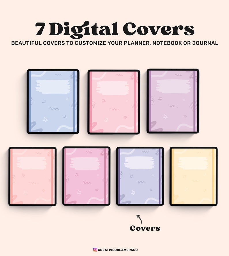 May include: Seven digital planner covers with a pastel color scheme. The covers feature a variety of abstract shapes and patterns, including stars, wavy lines, and brushstrokes. The text "7 Digital Covers" and "Covers" is visible in the image.