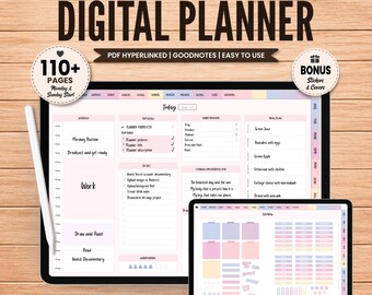 Lindo Planificador Digital Goodnotes Plantilla iPad, Planificador de Vida Digital Sin Fecha Rosa 2026, Pastel Digital Journal pdf, Goodnotes Pegatinas Pastel
