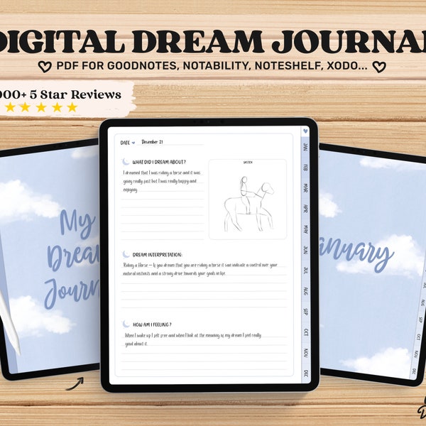 Journal de rêves, journal quotidien numérique, modèle Goodnotes, journal numérique, iPad, téléchargement numérique, agenda numérique, journal numérique numérique, bleu ciel