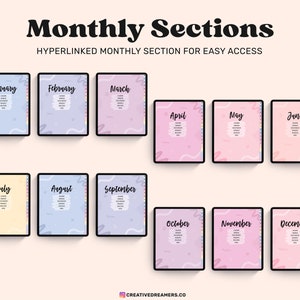 Pu&ograve; includere: Dodici pagine di planner digitale, ognuna con un mese diverso dell'anno, visualizzate sullo schermo di un tablet. Le pagine sono progettate con uno schema di colori pastello e presentano un motivo a linee ondulate. Il testo "Monthly Sections" &egrave; visualizzato nella parte superiore dell'immagine, e il testo "HYPERLINKED MONTHLY SECTION FOR EASY ACCESS" &egrave; visualizzato sotto. Il testo "CREATIVEDREAMERS.CO" &egrave; visualizzato nella parte inferiore dell'immagine.