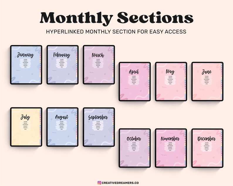 Pu&ograve; includere: Dodici pagine di planner digitale, ognuna con un mese diverso dell'anno, visualizzate sullo schermo di un tablet. Le pagine sono progettate con uno schema di colori pastello e presentano un motivo a linee ondulate. Il testo "Monthly Sections" &egrave; visualizzato nella parte superiore dell'immagine, e il testo "HYPERLINKED MONTHLY SECTION FOR EASY ACCESS" &egrave; visualizzato sotto. Il testo "CREATIVEDREAMERS.CO" &egrave; visualizzato nella parte inferiore dell'immagine.