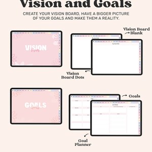 Puede incluir: Una ilustraci&oacute;n digital de un tablero de visi&oacute;n y un planificador de objetivos. El tablero de visi&oacute;n es rosa con dise&ntilde;os florales blancos y el texto "VISION" en rosa. El planificador de objetivos es blanco con un dise&ntilde;o de cuadr&iacute;cula y el texto "Goals" en rosa.