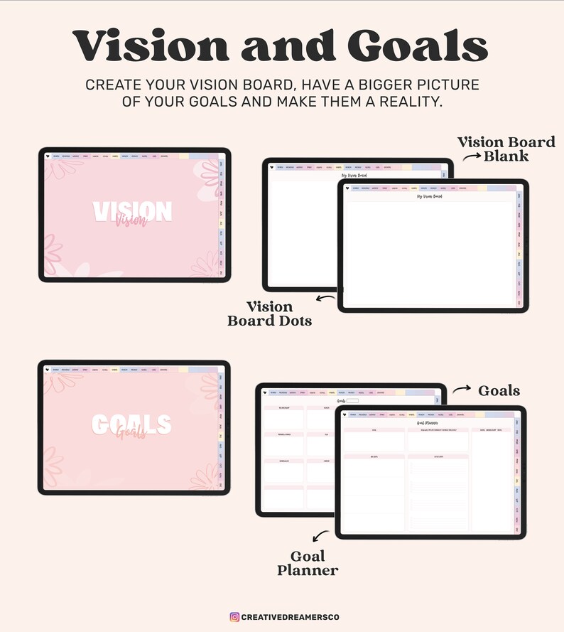 Puede incluir: Una ilustraci&oacute;n digital de un tablero de visi&oacute;n y un planificador de objetivos. El tablero de visi&oacute;n es rosa con dise&ntilde;os florales blancos y el texto "VISION" en rosa. El planificador de objetivos es blanco con un dise&ntilde;o de cuadr&iacute;cula y el texto "Goals" en rosa.