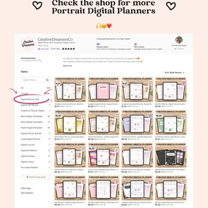 May include: A screenshot of an Etsy shop page for digital planners. The shop is called CreativeDreamersCo and features a variety of planners, including monthly, weekly, and daily planners. The planners are available in a variety of colors and designs. The shop also offers a variety of digital planner accessories, such as stickers and covers.