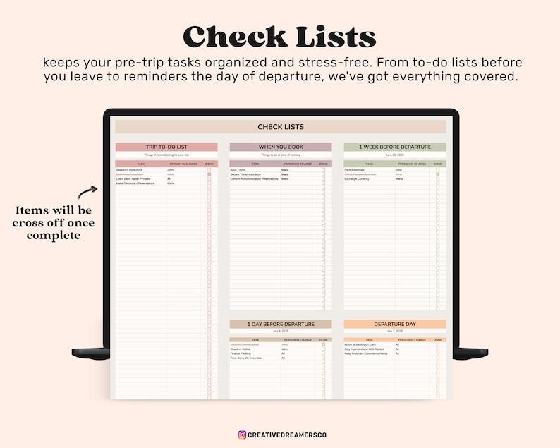 May include: A digital checklist template displayed on a screen, featuring sections for trip to-do lists, booking tasks, and departure timelines. The layout includes columns for tasks, person in charge, and checkboxes to mark items as complete.