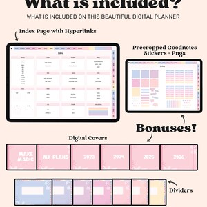 Puede incluir: Un planificador digital con un esquema de color rosa y blanco. El planificador incluye una p&aacute;gina de &iacute;ndice con hiperv&iacute;nculos, pegatinas Goodnotes precortadas y PNG, cubiertas digitales y separadores. El texto "What is included?" est&aacute; en la parte superior de la imagen. El texto "Make Magic" y "My Plans" est&aacute; en las cubiertas digitales.