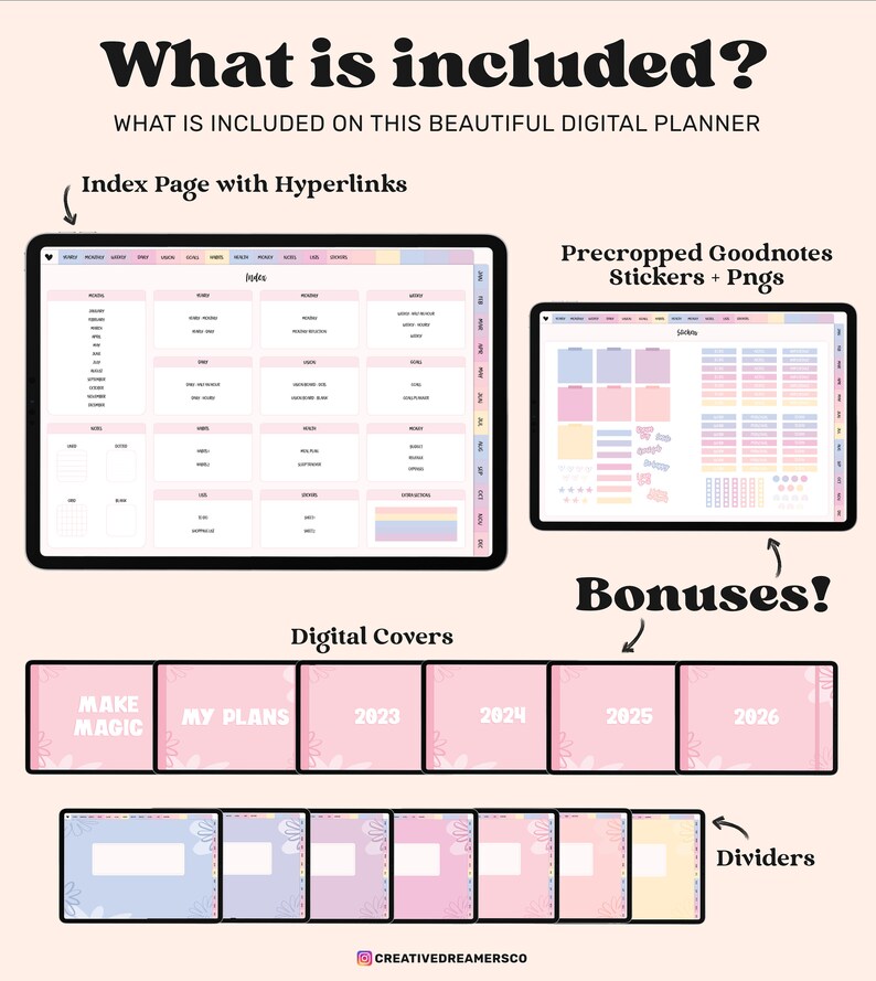 Puede incluir: Un planificador digital con un esquema de color rosa y blanco. El planificador incluye una p&aacute;gina de &iacute;ndice con hiperv&iacute;nculos, pegatinas Goodnotes precortadas y PNG, cubiertas digitales y separadores. El texto "What is included?" est&aacute; en la parte superior de la imagen. El texto "Make Magic" y "My Plans" est&aacute; en las cubiertas digitales.
