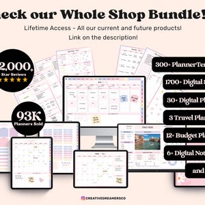 May include: A digital planner bundle with over 12,000 five-star reviews and 93,000 planners sold. The bundle includes 300+ planner templates, 1700+ digital stickers, 30+ digital planners, 3 travel planners, 12+ budget planners, 6+ digital notebooks, and more.