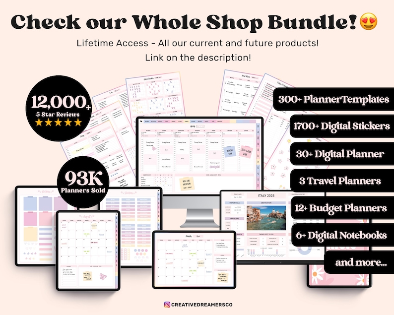 May include: A digital planner bundle with over 12,000 five-star reviews and 93,000 planners sold. The bundle includes 300+ planner templates, 1700+ digital stickers, 30+ digital planners, 3 travel planners, 12+ budget planners, 6+ digital notebooks, and more.