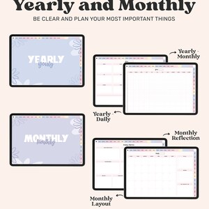 Puede incluir: Una plantilla de planificador digital con un esquema de color pastel. La plantilla incluye p&aacute;ginas para la planificaci&oacute;n anual, mensual y diaria. El texto "Yearly and Monthly" est&aacute; en la parte superior de la imagen. El texto "Be clear and plan your most important things" est&aacute; debajo del t&iacute;tulo. El texto "Yearly" est&aacute; en una fuente grande y en negrita sobre un fondo azul claro. El texto "Monthly" est&aacute; en una fuente grande y en negrita sobre un fondo morado claro. El texto "Yearly-Monthly" est&aacute; en una fuente m&aacute;s peque&ntilde;a y est&aacute; junto a una flecha que apunta a una p&aacute;gina con un dise&ntilde;o de cuadr&iacute;cula. El texto "Yearly-Daily" est&aacute; en una fuente m&aacute;s peque&ntilde;a y est&aacute; junto a una flecha que apunta a una p&aacute;gina con un dise&ntilde;o de cuadr&iacute;cula. El texto "Monthly Reflection" est&aacute; en una fuente m&aacute;s peque&ntilde;a y est&aacute; junto a una flecha que apunta a una p&aacute;gina con un dise&ntilde;o de cuadr&iacute;cula. El texto "Monthly Layout" est&aacute; en una fuente m&aacute;s peque&ntilde;a y est&aacute; junto a una flecha que apunta a una p&aacute;gina con un dise&ntilde;o de cuadr&iacute;cula. El texto "CREATIVEDREAMERSCO" est&aacute; en una fuente m&aacute;s peque&ntilde;a y est&aacute; en la parte inferior de la imagen.