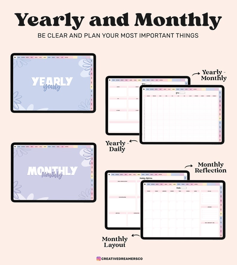 Puede incluir: Una plantilla de planificador digital con un esquema de color pastel. La plantilla incluye p&aacute;ginas para la planificaci&oacute;n anual, mensual y diaria. El texto "Yearly and Monthly" est&aacute; en la parte superior de la imagen. El texto "Be clear and plan your most important things" est&aacute; debajo del t&iacute;tulo. El texto "Yearly" est&aacute; en una fuente grande y en negrita sobre un fondo azul claro. El texto "Monthly" est&aacute; en una fuente grande y en negrita sobre un fondo morado claro. El texto "Yearly-Monthly" est&aacute; en una fuente m&aacute;s peque&ntilde;a y est&aacute; junto a una flecha que apunta a una p&aacute;gina con un dise&ntilde;o de cuadr&iacute;cula. El texto "Yearly-Daily" est&aacute; en una fuente m&aacute;s peque&ntilde;a y est&aacute; junto a una flecha que apunta a una p&aacute;gina con un dise&ntilde;o de cuadr&iacute;cula. El texto "Monthly Reflection" est&aacute; en una fuente m&aacute;s peque&ntilde;a y est&aacute; junto a una flecha que apunta a una p&aacute;gina con un dise&ntilde;o de cuadr&iacute;cula. El texto "Monthly Layout" est&aacute; en una fuente m&aacute;s peque&ntilde;a y est&aacute; junto a una flecha que apunta a una p&aacute;gina con un dise&ntilde;o de cuadr&iacute;cula. El texto "CREATIVEDREAMERSCO" est&aacute; en una fuente m&aacute;s peque&ntilde;a y est&aacute; en la parte inferior de la imagen.